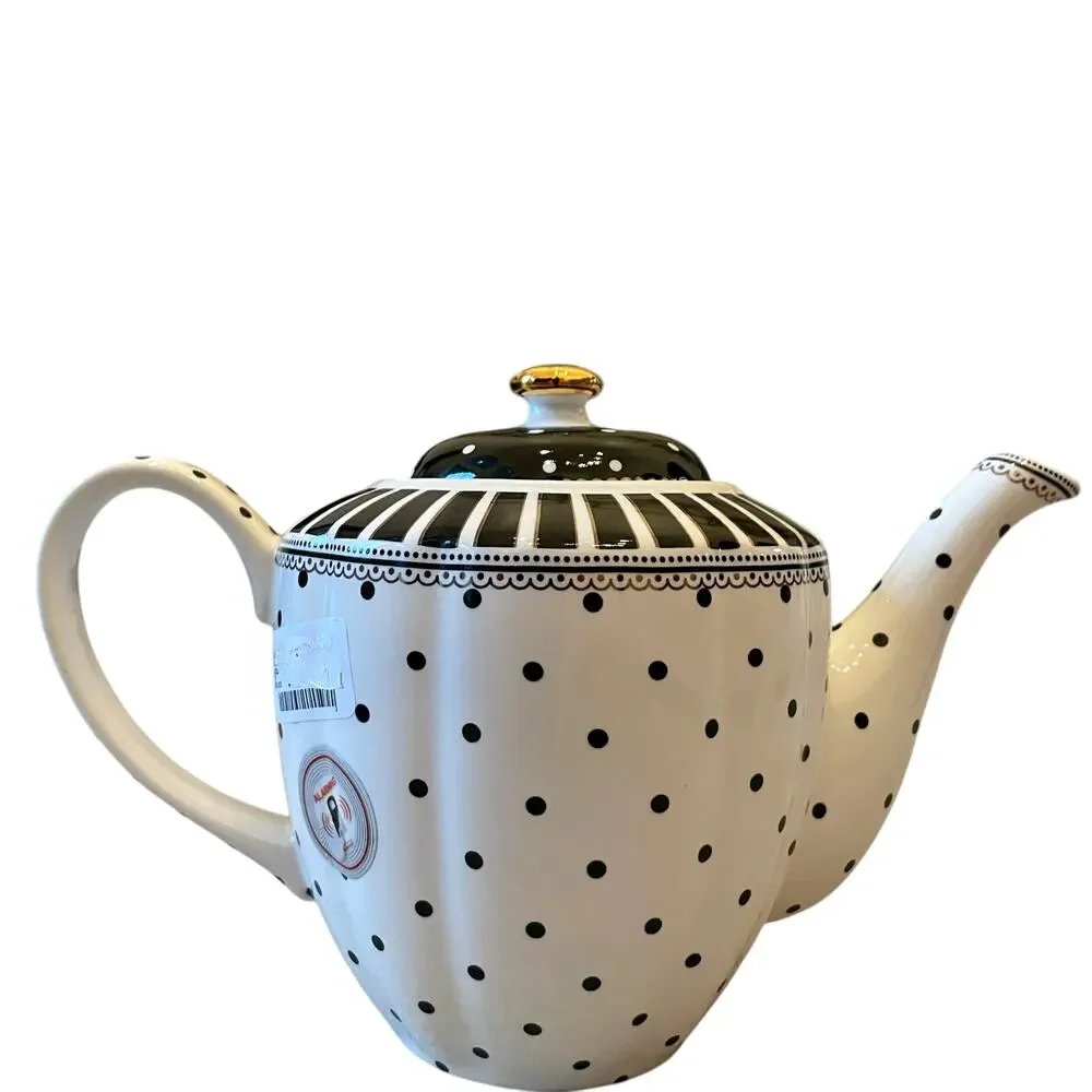 Grace Teaware Fine Porcelain Teapot Black Josephine Stripes and Dots Coffee Pot